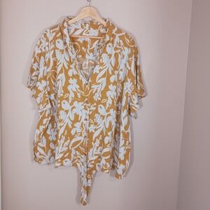 AVA & VIV Floral Linen Blend Tie Waist Button Up Blouse Size 4X Tropical Coastal